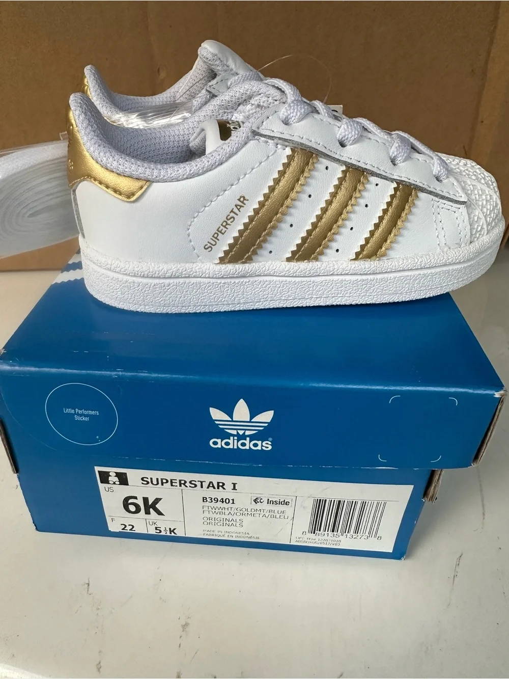 adidas Kids White Sneakers with Gold Stripes